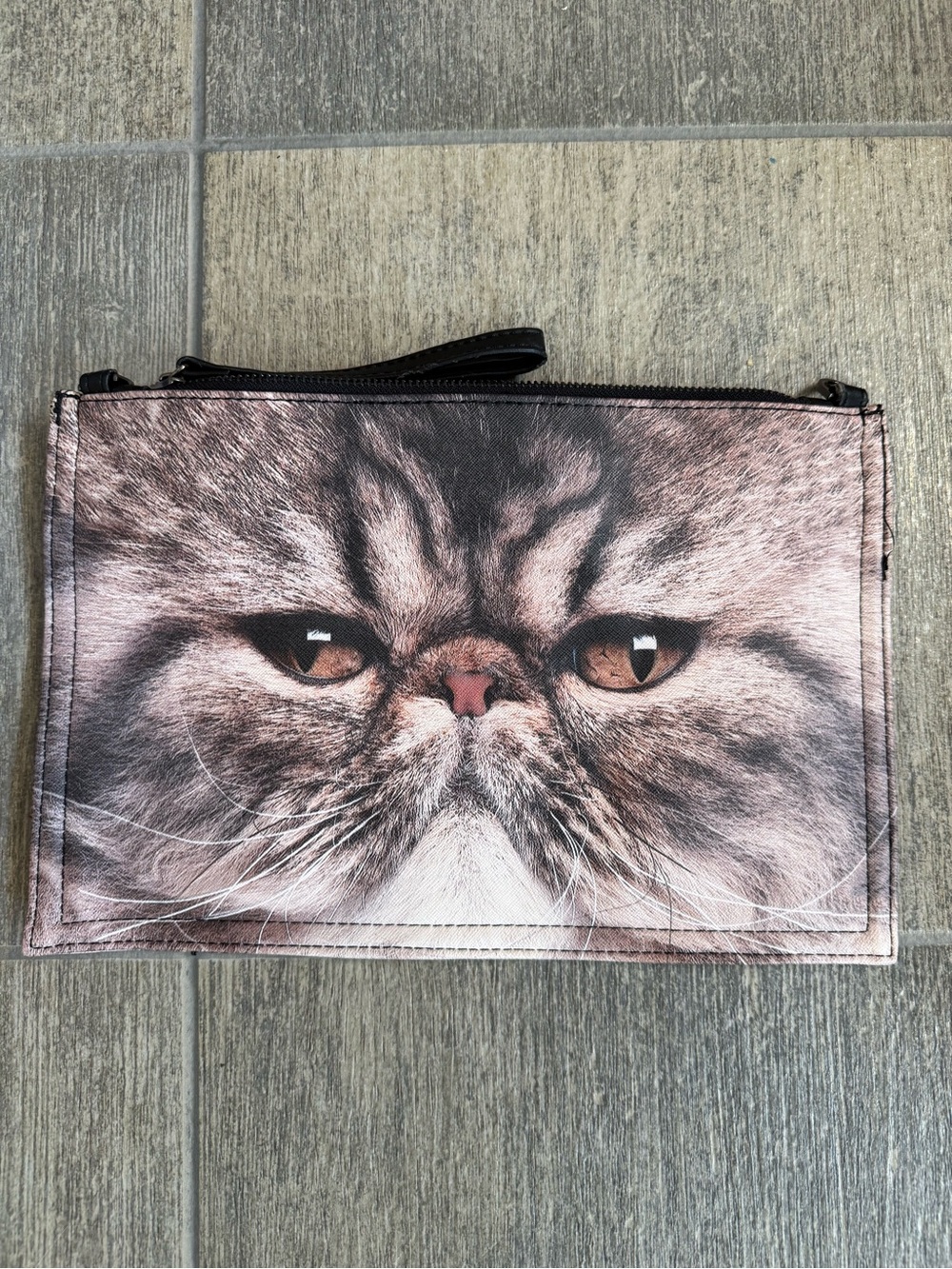 Cat Face Print Zipper Clutch- Brown Grey